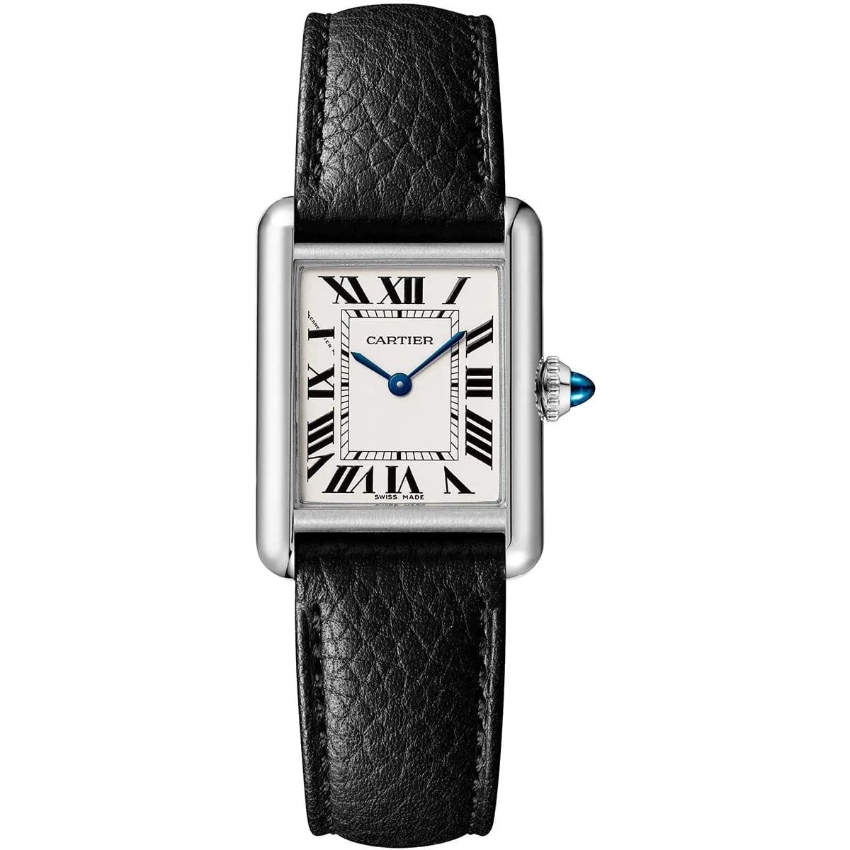 Cartier Men's Rectangular Watch – Silver-Tone Case & Black Leather Strap