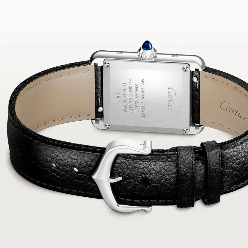 Cartier Men's Rectangular Watch – Silver-Tone Case & Black Leather Strap