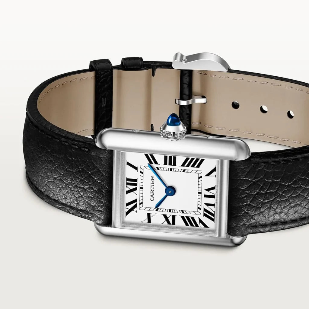 Cartier Men's Rectangular Watch – Silver-Tone Case & Black Leather Strap