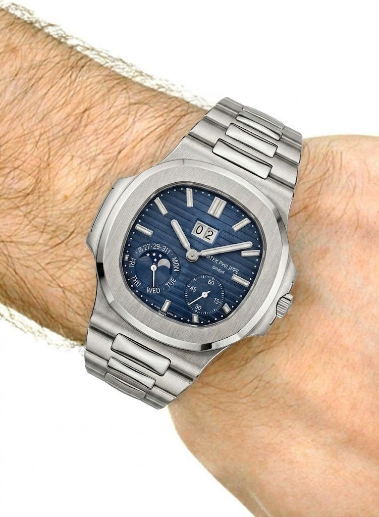 Luxury Nautilus-Style Stainless Steel Watch – Blue Dial, Multi-Function Display