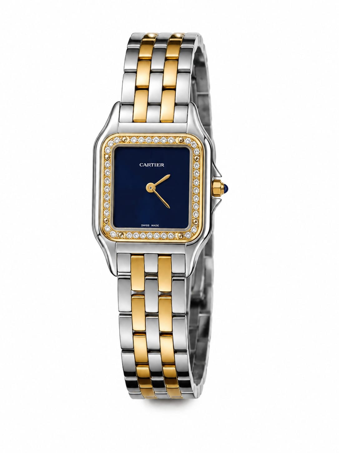 Cartier Panthère-Inspired Women’s Two-Tone Gold & Silver Square Watch with Sparkling Rhinestone-Set Bezel & Navy Blue Dial Dimensions: 36.5 × 26.7 mm(Medium Case)