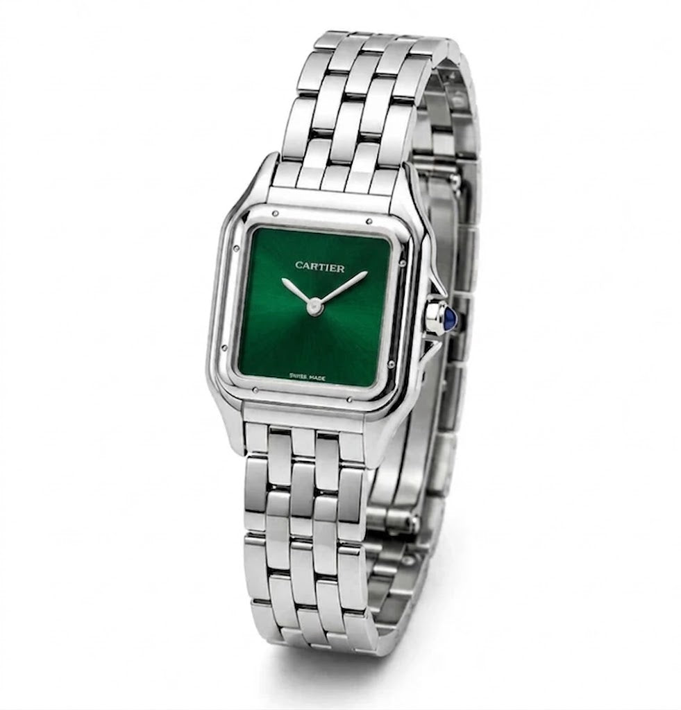 Cartier Panthère-Inspired Women's Silver-Tone Square Watch with Green Dial (Small Case)