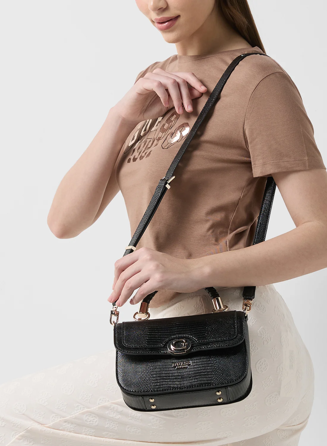 GUESS Orlina Top Handle Crossbody Bag – Black Textured Faux Leather #68