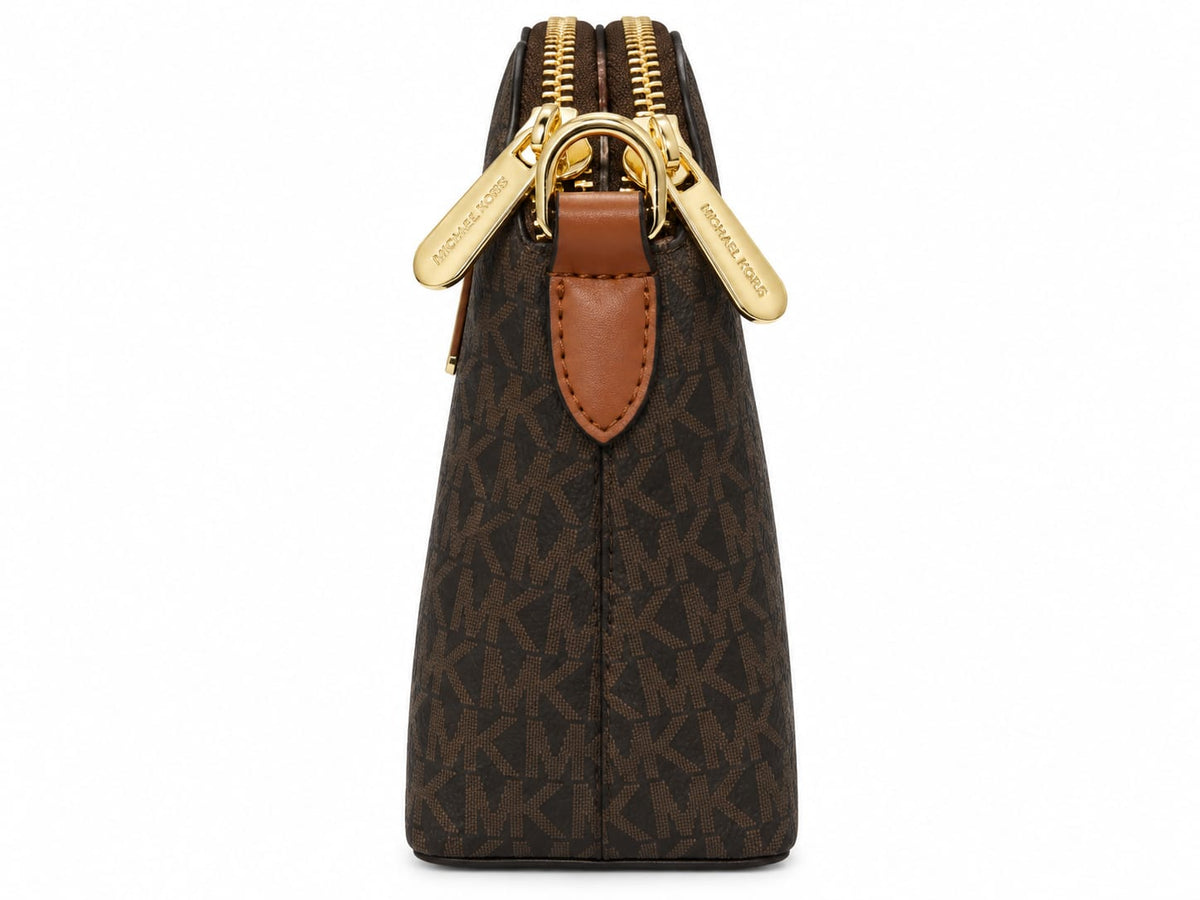 Women’s Brown Signature Monogram Crossbody Bag – Two-Compartment Design with Gold-Tone Hardware#0043