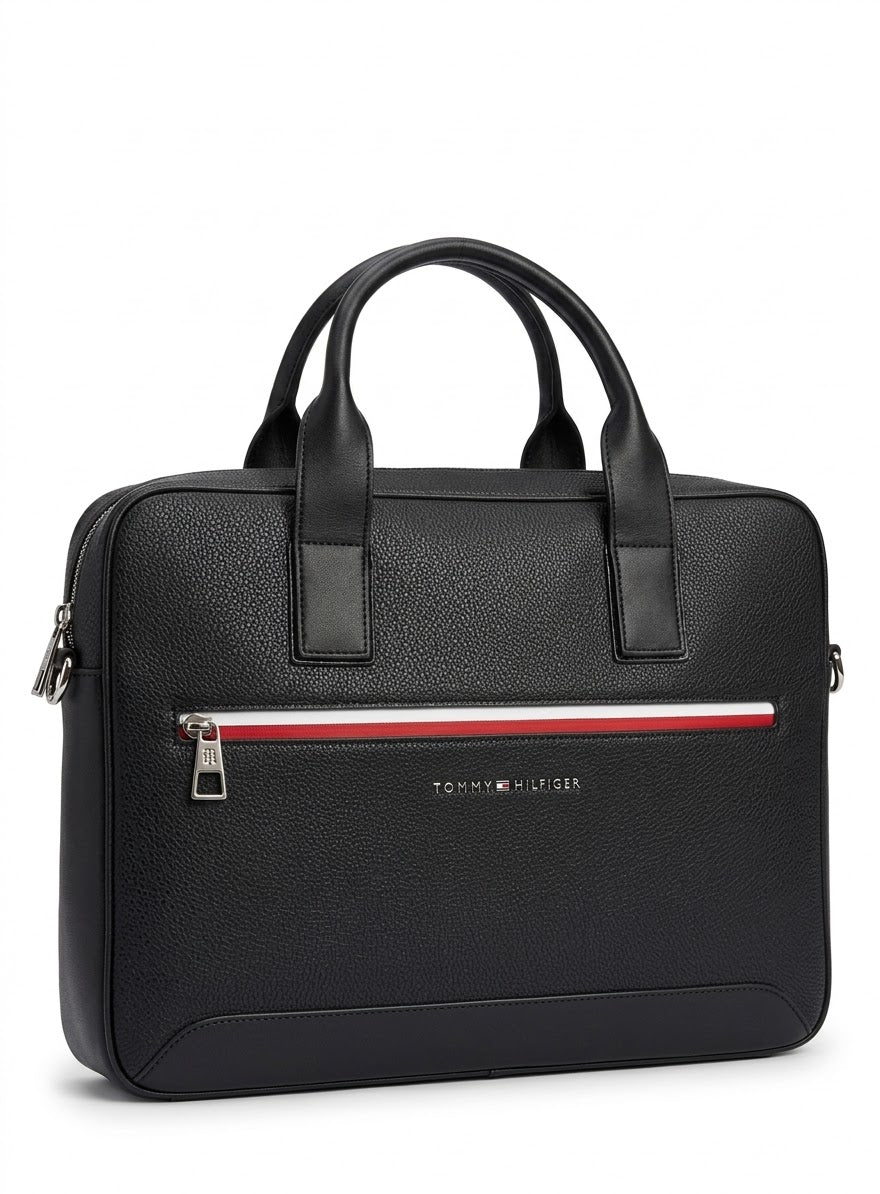 Tommy Hilfiger Men's Executive Pebbled Leather Slim Briefcase, Black#0079