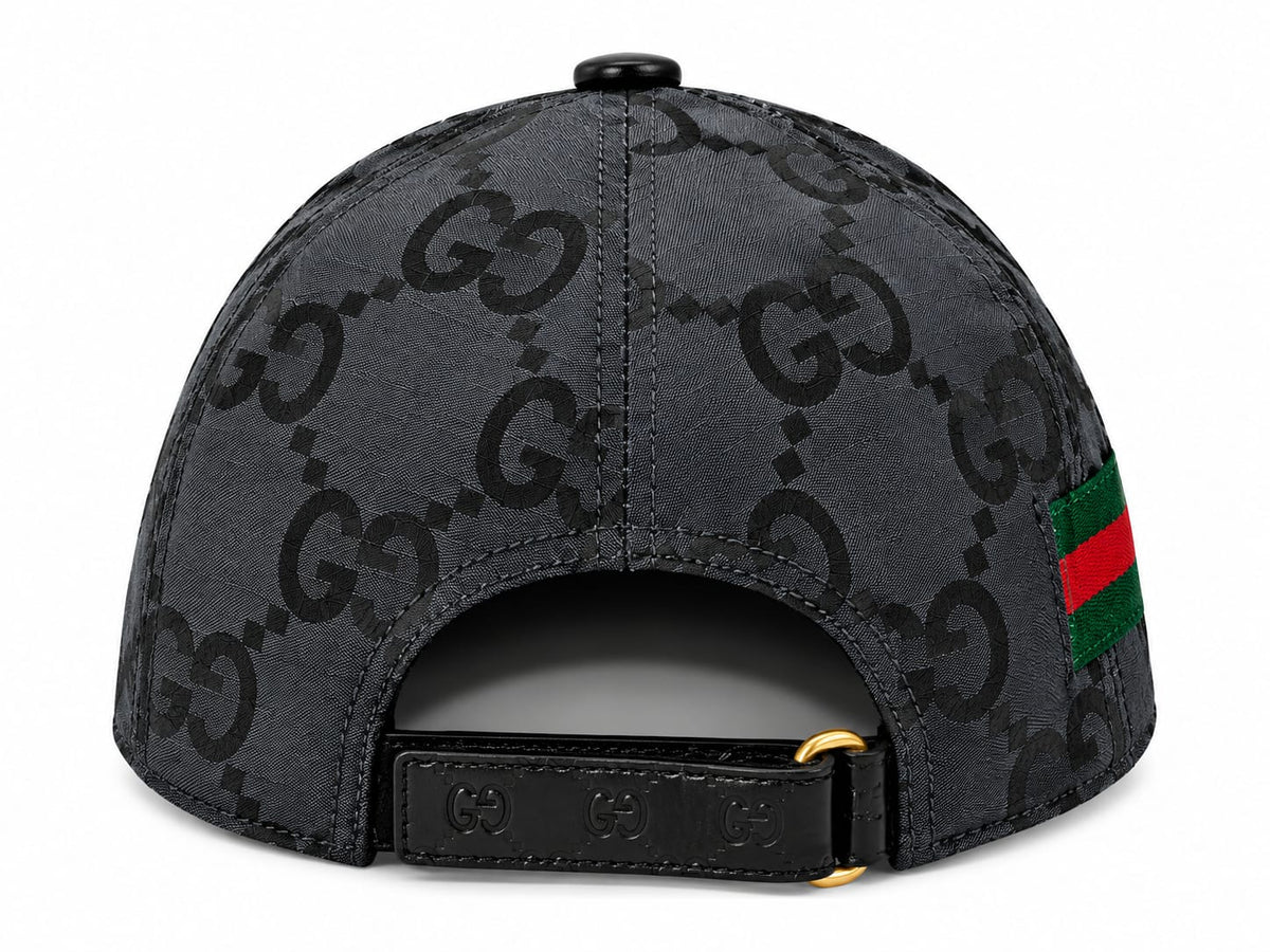 Men's Charcoal Black Monogram Baseball Cap with Green and Red Side Stripe#13