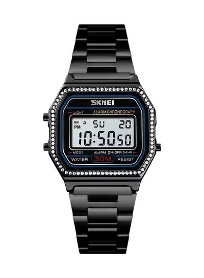 SKMEI 1474 Black Digital Watch for Men – Slim Retro Design with Stylish Crystal Accents