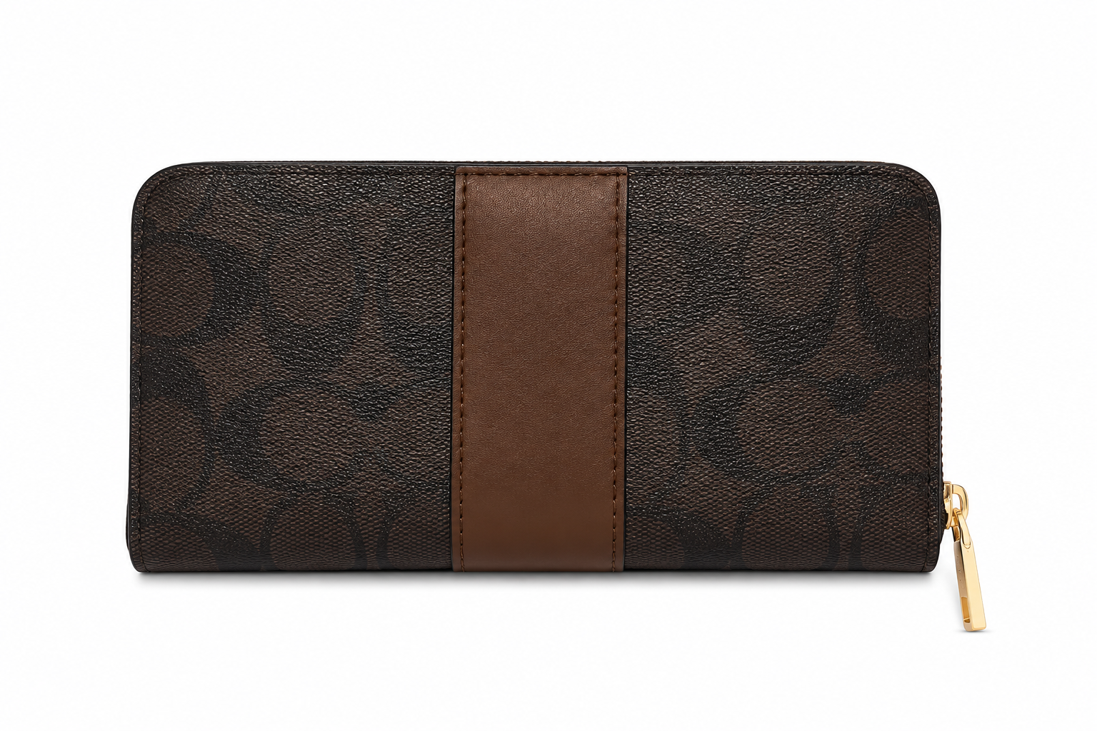 COACH Women's Signature Canvas Zip Around Wallet with Leather Stripe & Gold-Tone Hardware – Brown#04