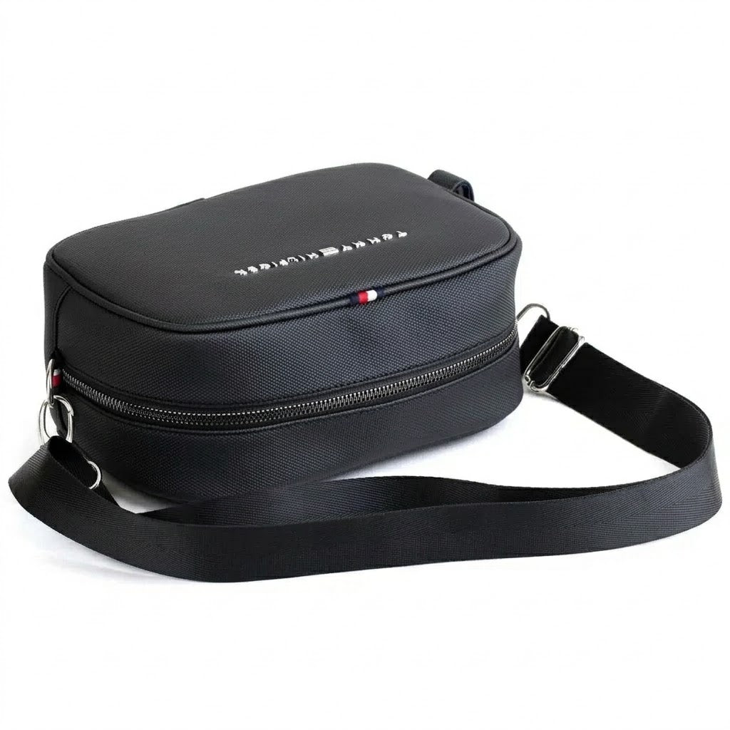 Tommy Hilfiger Black Wash Leather Hand Bag for Men with Adjustable Strap – Stylish Everyday Crossbody Bag#51