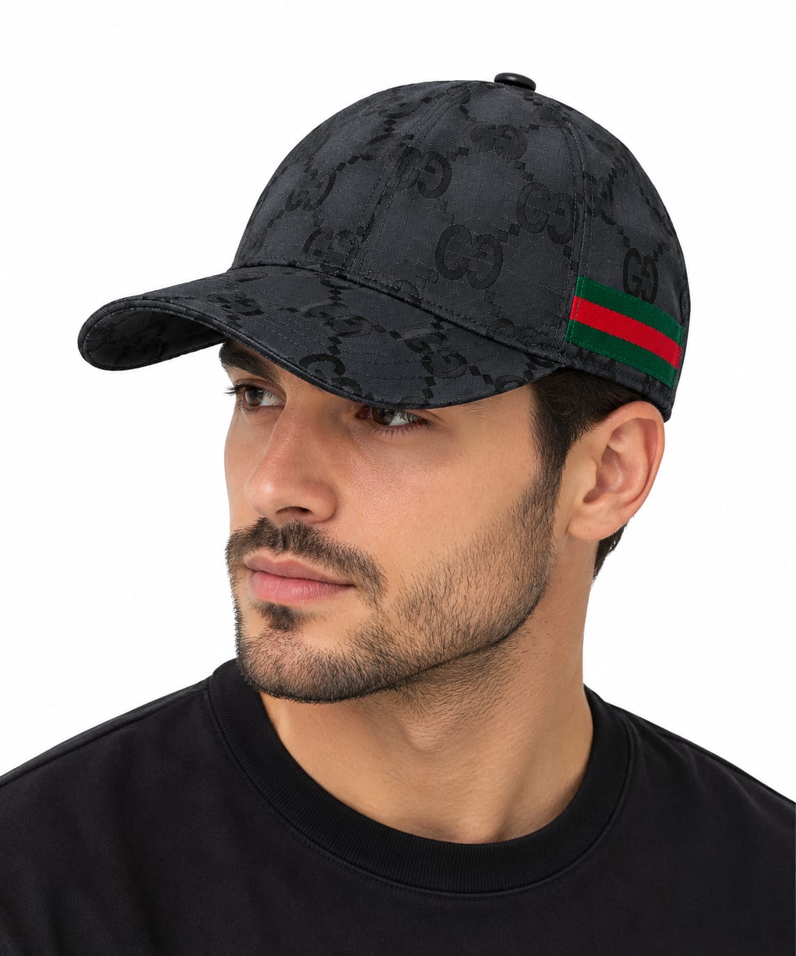 Men's Charcoal Black Monogram Baseball Cap with Green and Red Side Stripe#13