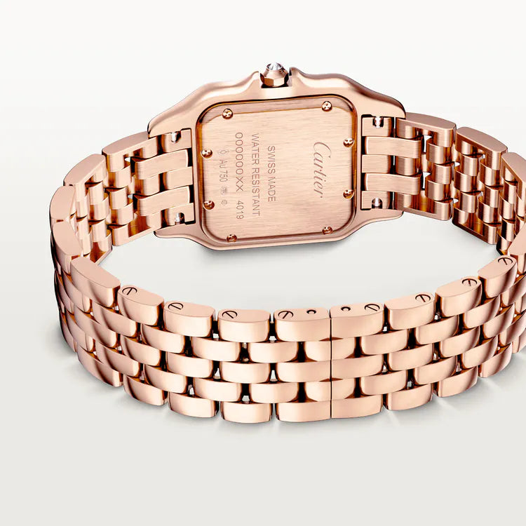 Cartier Panthère-Inspired Women’s Rose Gold-Tone Square Watch with Rhinestone-Set Bezel & White Dial (Medium Case) Dimensions: 36.5 × 26.7 mm