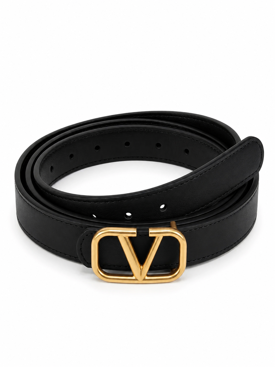 VALENTINO Women's Premium Leather Belt with Gold VLogo Buckle – Black#02
