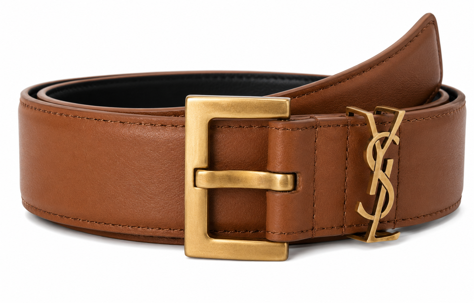 Yves Saint Laurent (YSL) Women's Premium Leather Belt – Brown with Gold Monogram Buckle#03