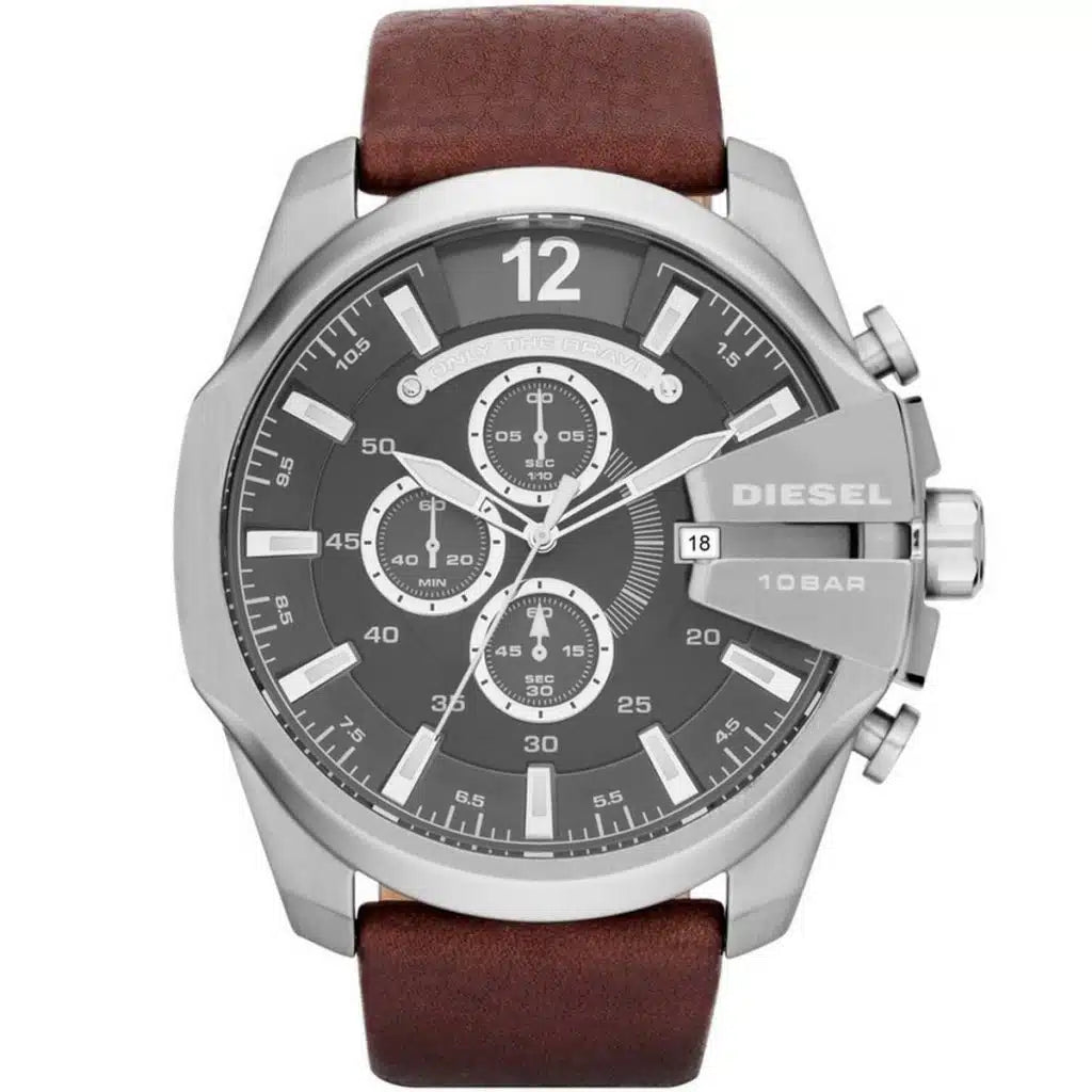 Diesel DZ4290 Mega Chief Men’s Watch – Brown Leather Strap, Grey Dial, 51mm Quartz Chronograph Style