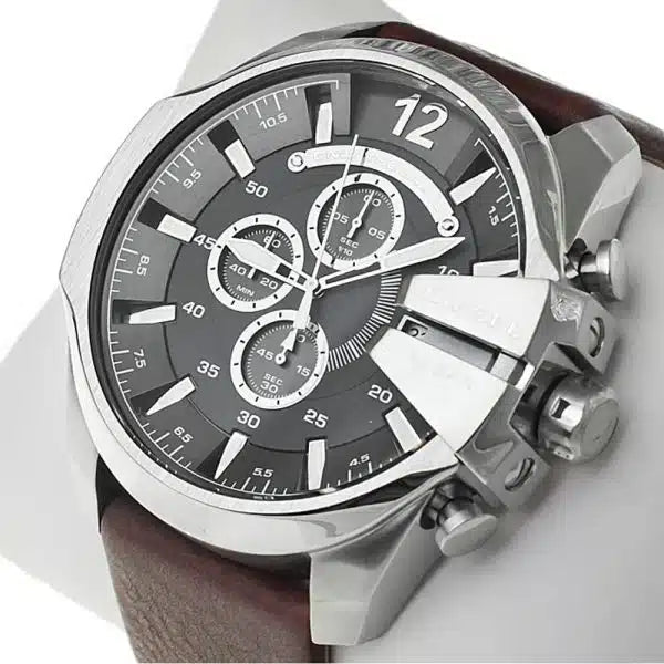 Diesel DZ4290 Mega Chief Men’s Watch – Brown Leather Strap, Grey Dial, 51mm Quartz Chronograph Style