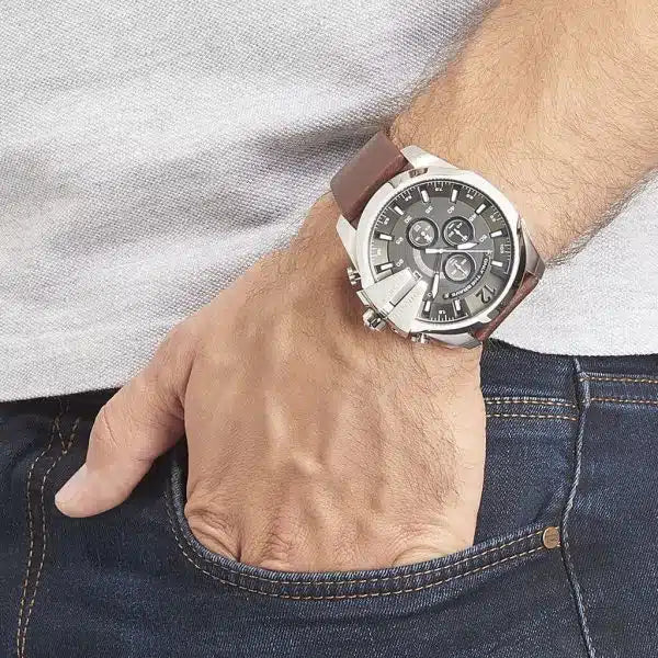 Diesel DZ4290 Mega Chief Men’s Watch – Brown Leather Strap, Grey Dial, 51mm Quartz Chronograph Style