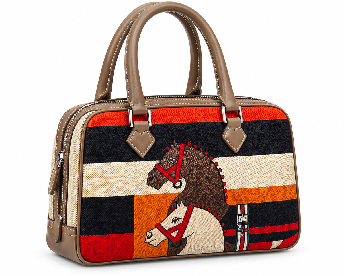 Women's Classic Equestrian Horse Print Geometric Striped Fashion Handbag#0003