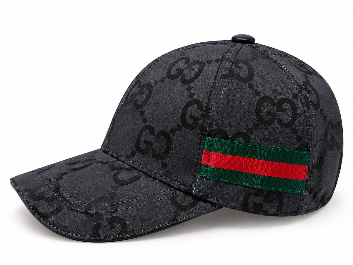 Men's Charcoal Black Monogram Baseball Cap with Green and Red Side Stripe#13
