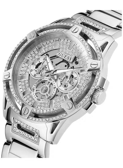Guess GW0497G1 King Men's Multi-Function Watch – Silver Skeleton Dial with Crystals, Stainless Steel Bracelet, 48mm Quartz
