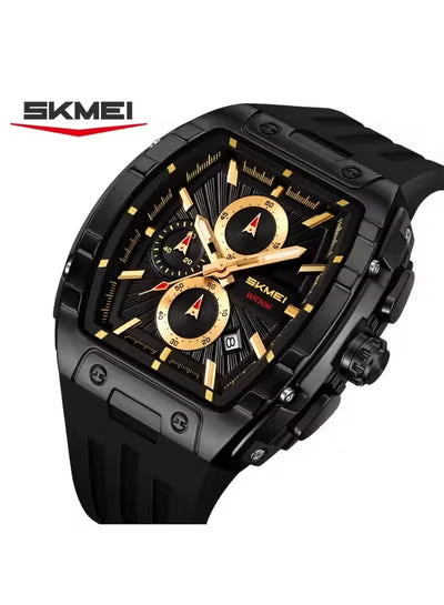 SKMEI 2363 Men’s Analog Quartz Watch – Black & Gold Dial with Silicone Strap | 48mm Waterproof Sport Wristwatch
