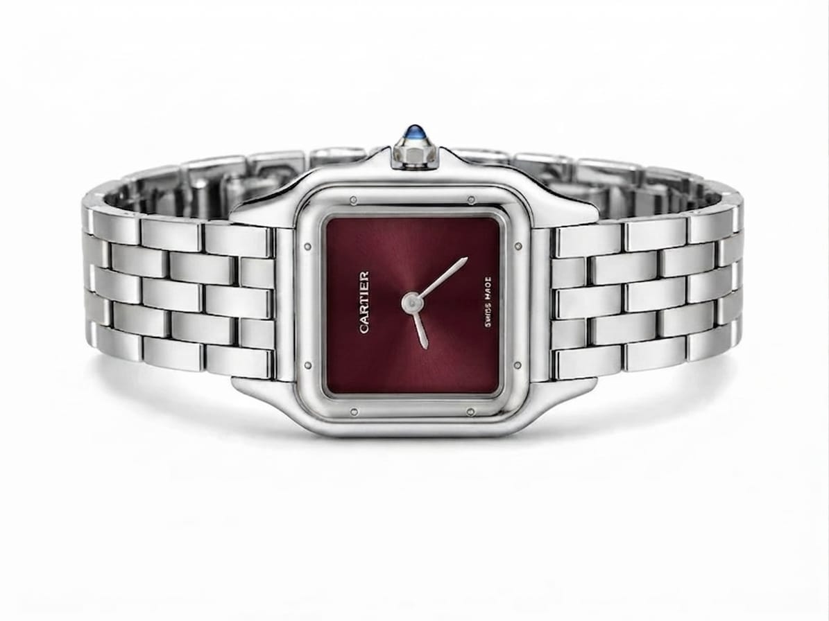 Cartier Panthère-Inspired Women’s Silver-Tone Square Watch with Burgundy Dial (Small Case) Dimensions: 25.1 × 18.5 mm