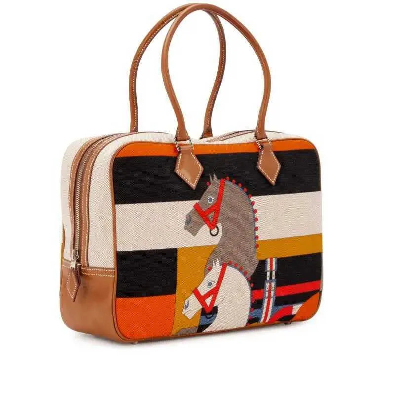 Women's Classic Equestrian Horse Print Geometric Striped Fashion Handbag#0003