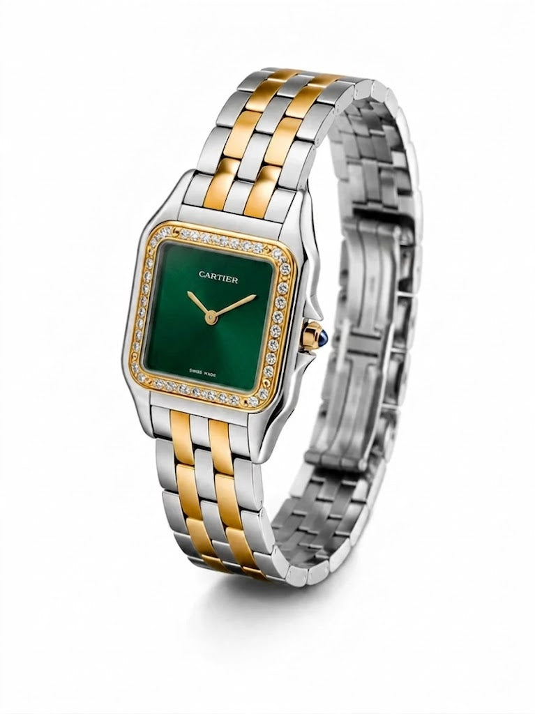 Cartier Panthère-Inspired Women’s Two-Tone Gold & Silver Square Watch with Sparkling Rhinestone-Set Bezel & Green Dial (Medium Case) Dimensions: 36.5 × 26.7 mm