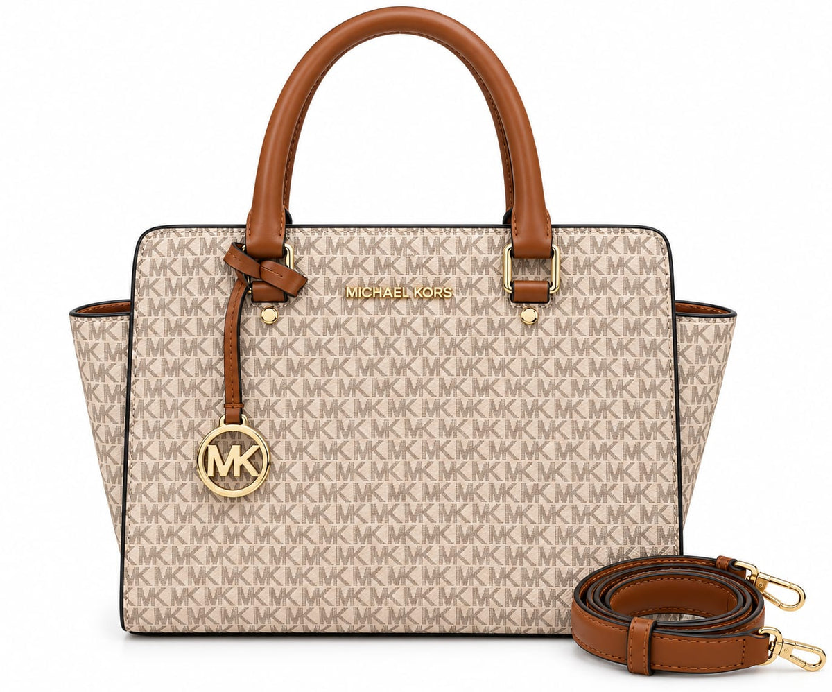 Women’s Monogram Tote Handbag with Detachable Shoulder Strap – Beige & Brown#0049