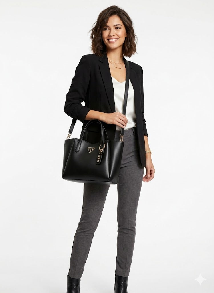 Guess Black Women Tote Handbag – Elegant Structured Leather Shoulder Bag with Logo Charm#195