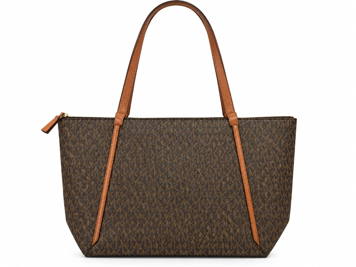 Michael Kors Brown Signature Monogram Large Tote Bag – Tan Leather Trim#0069