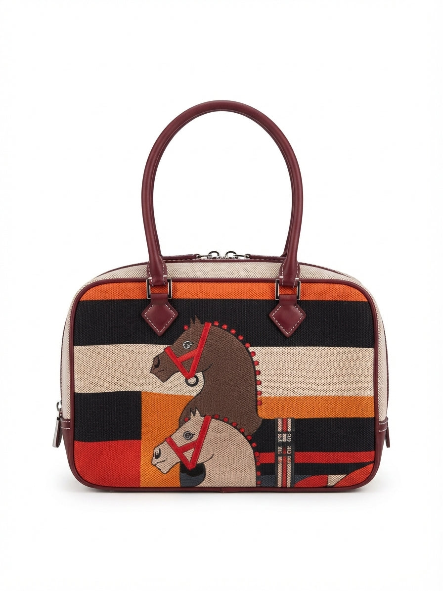 Women's Classic Equestrian Horse Print Handbag – Geometric Striped Fashion Bag Q260606#0004