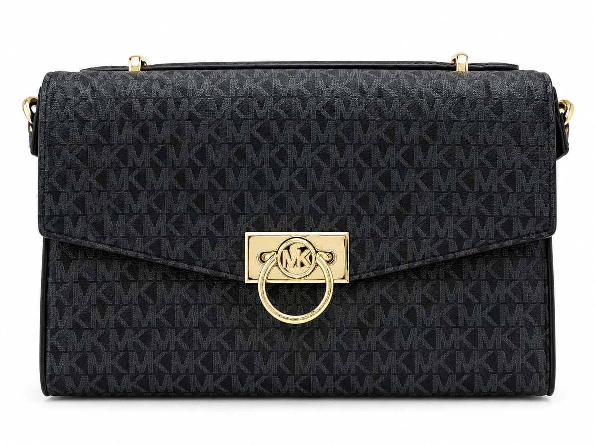 Women’s Black Monogram Crossbody Shoulder Bag with Gold-Tone Hardware#0074