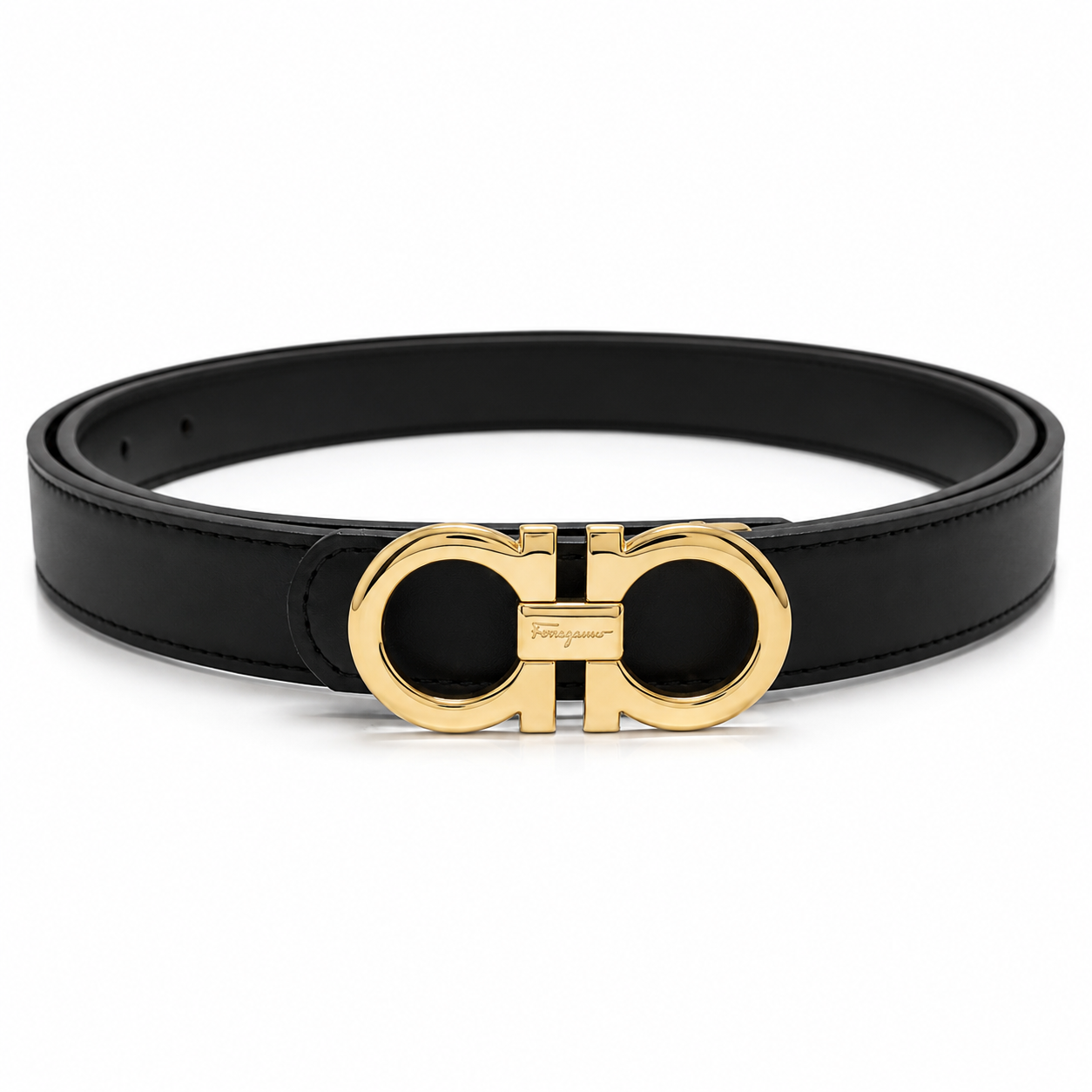 Salvatore Ferragamo Women's Leather Belt with Gold Gancini Buckle – Black#07