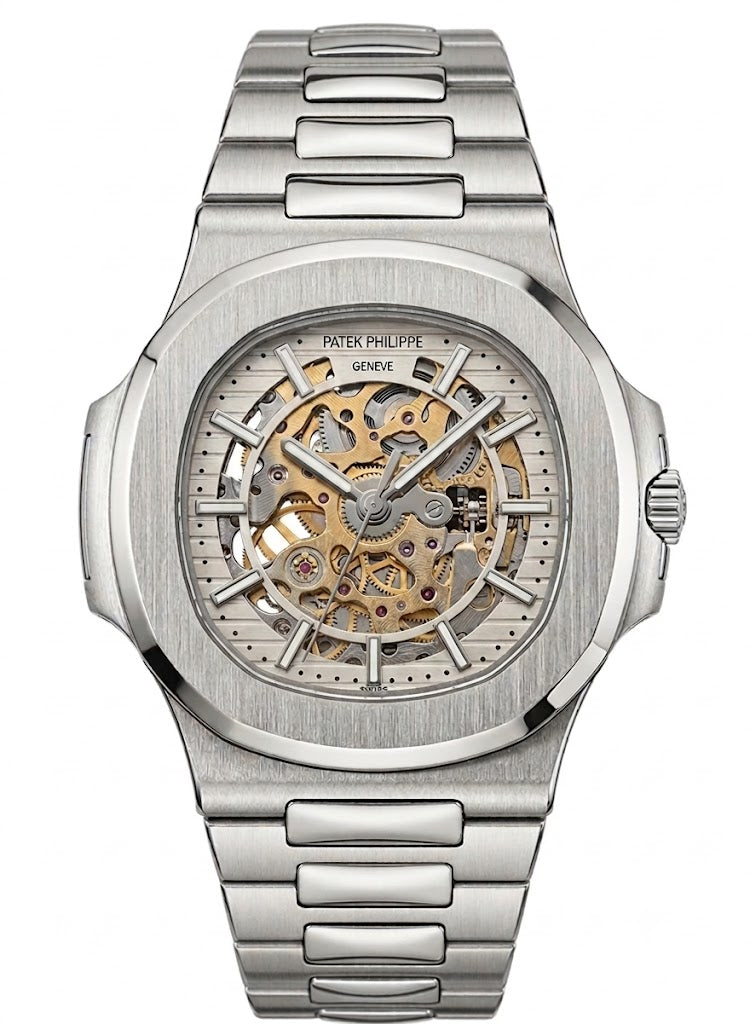 Luxury Skeleton Automatic Watch – Nautilus-Style Integrated Bracelet Design, Silver Stainless Steel Case & Bracelet