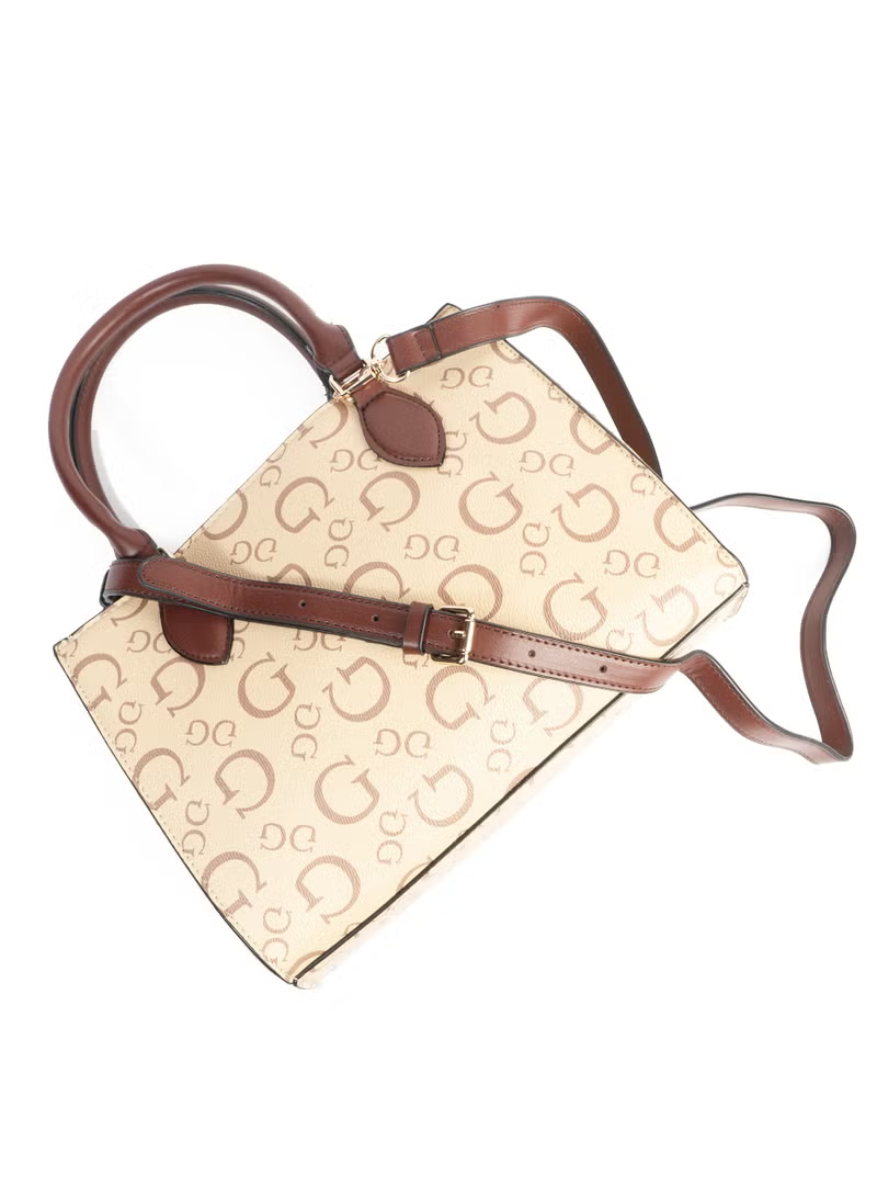 GUESS Beige Logo Crossbody Bag with Brown Handle – Women’s Designer Handbag
