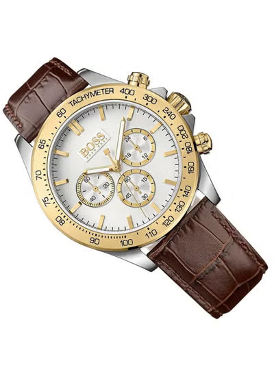Hugo Boss Ikon 1513174 Men’s Watch – Silver Dial, Brown Leather Strap, Quartz Chronograph, 44mm, 100M Water Resistant