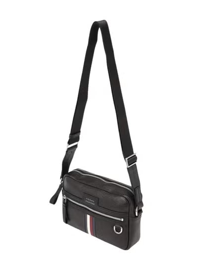 Tommy Hilfiger Men's Black Crossbody Bag – Textured Faux Leather with Adjustable Shoulder Strap#13-100