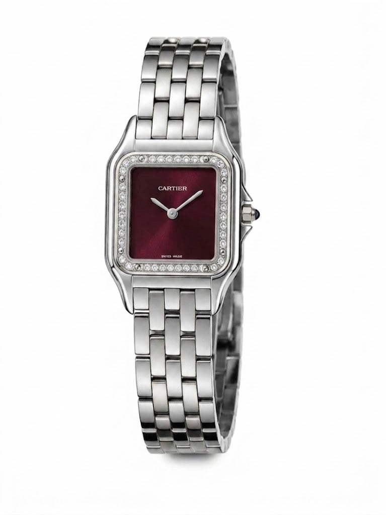 Cartier Panthère-Inspired Women’s Silver-Tone Square Watch with Sparkling Rhinestone-Set Bezel & Burgundy Dial (Medium Case) Dimensions: 36.5 × 26.7 mm