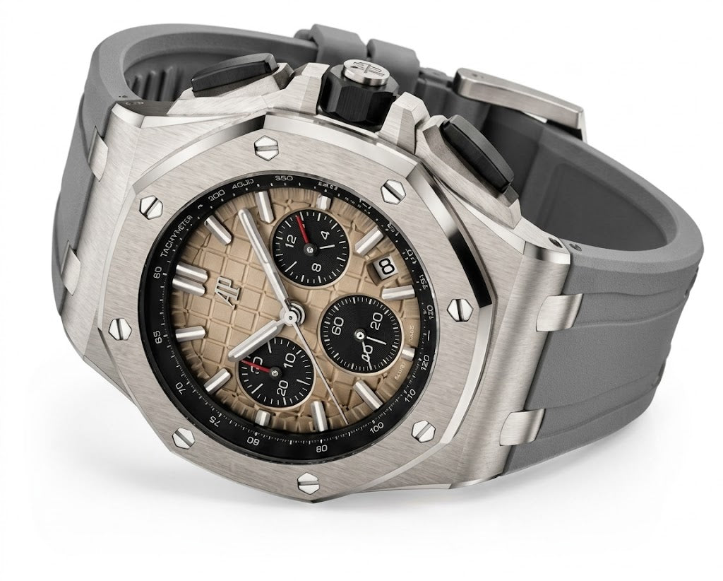 Luxury Royal Oak Offshore Style Chronograph Men’s Watch – Silver with Grey Rubber Strap