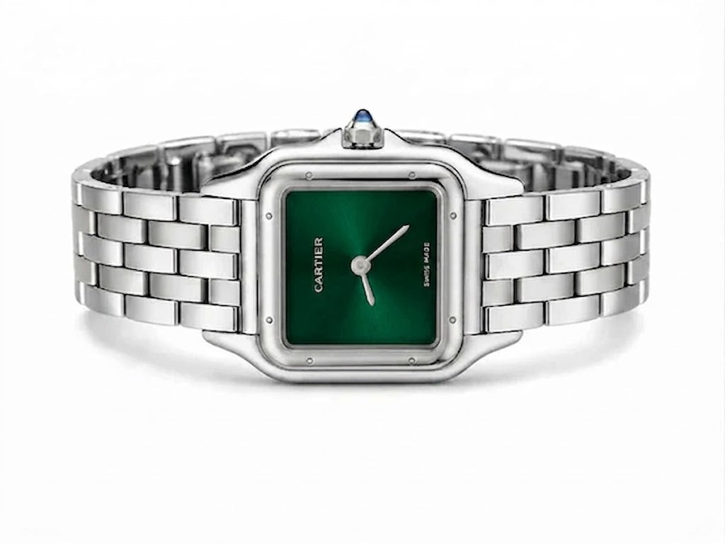 Cartier Panthère-Inspired Women's Silver-Tone Square Watch with Green Dial (Small Case)