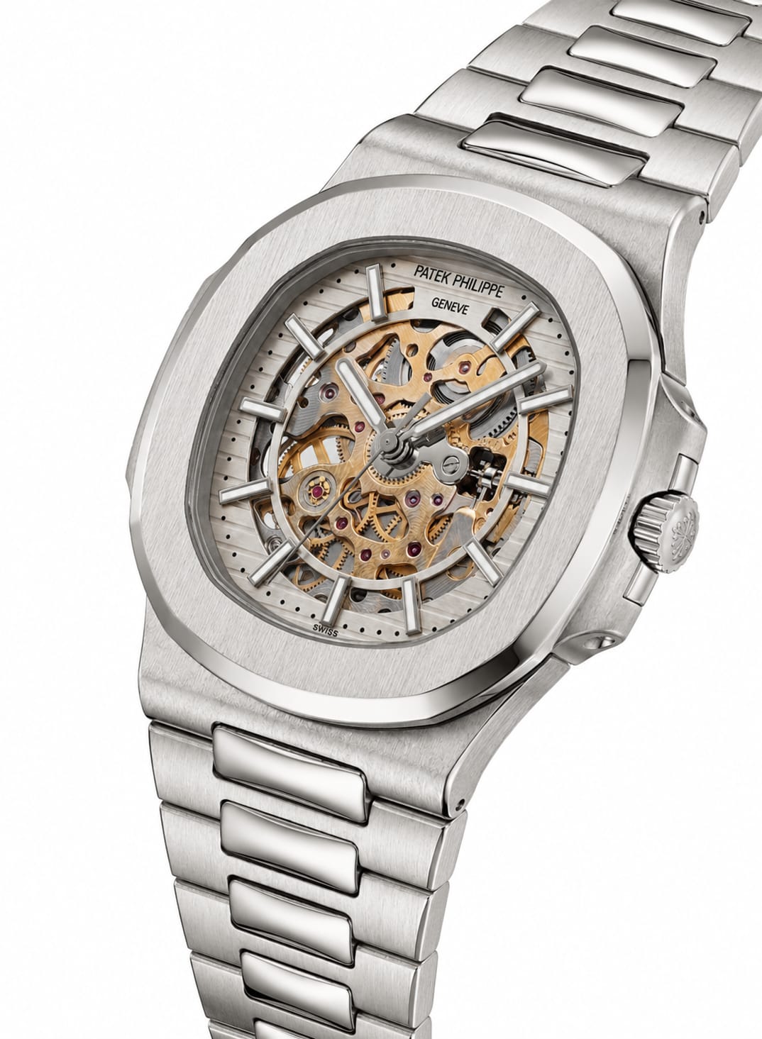 Luxury Skeleton Automatic Watch – Nautilus-Style Integrated Bracelet Design, Silver Stainless Steel Case & Bracelet