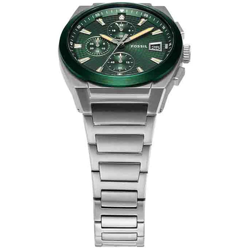 Fossil Everett Chronograph Men’s Watch FS5964 – Green Dial, Silver Stainless Steel Bracelet, 42mm Quartz Analog Multi-Function Watch