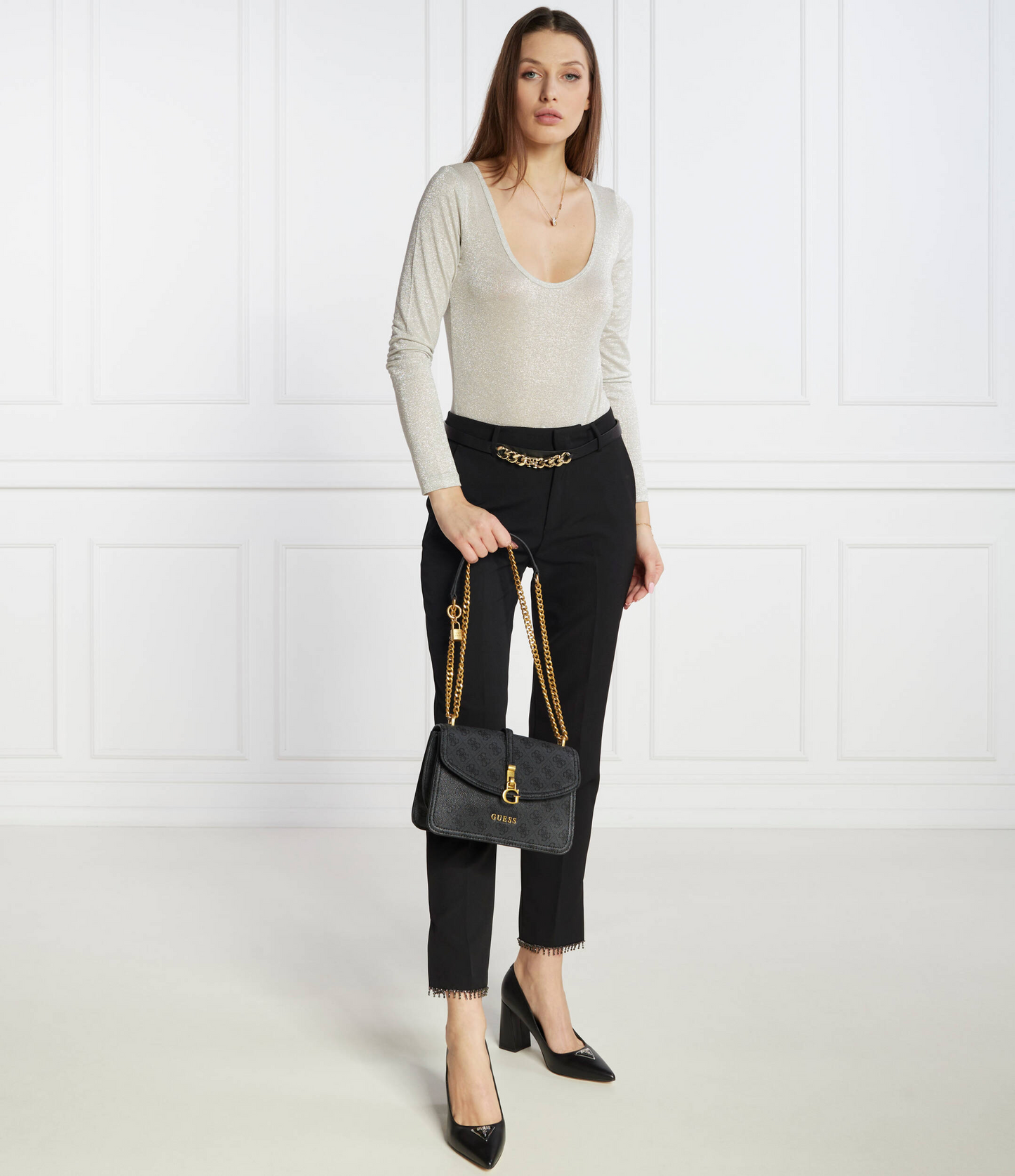 GUESS G James Logo Convertible Crossbody Bag – Black Quilted Faux Leather with Chain Strap