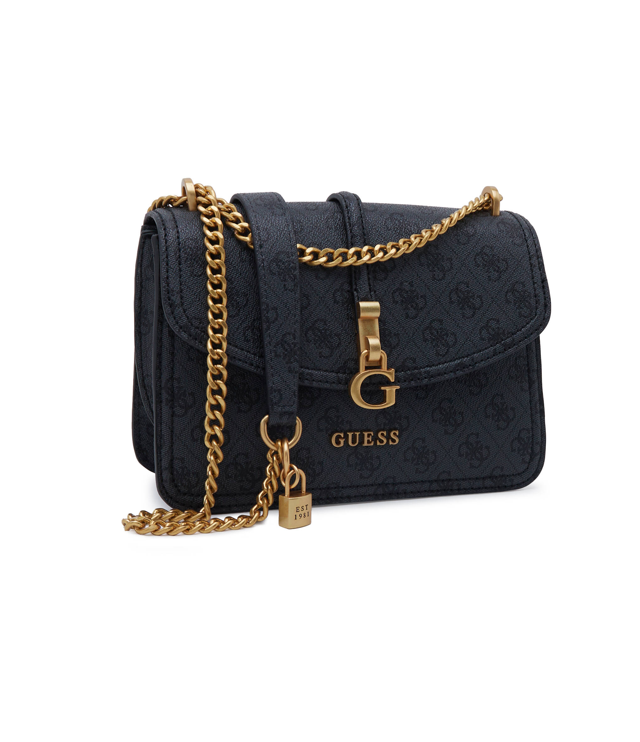 GUESS G James Logo Convertible Crossbody Bag – Black Quilted Faux Leather with Chain Strap #0043