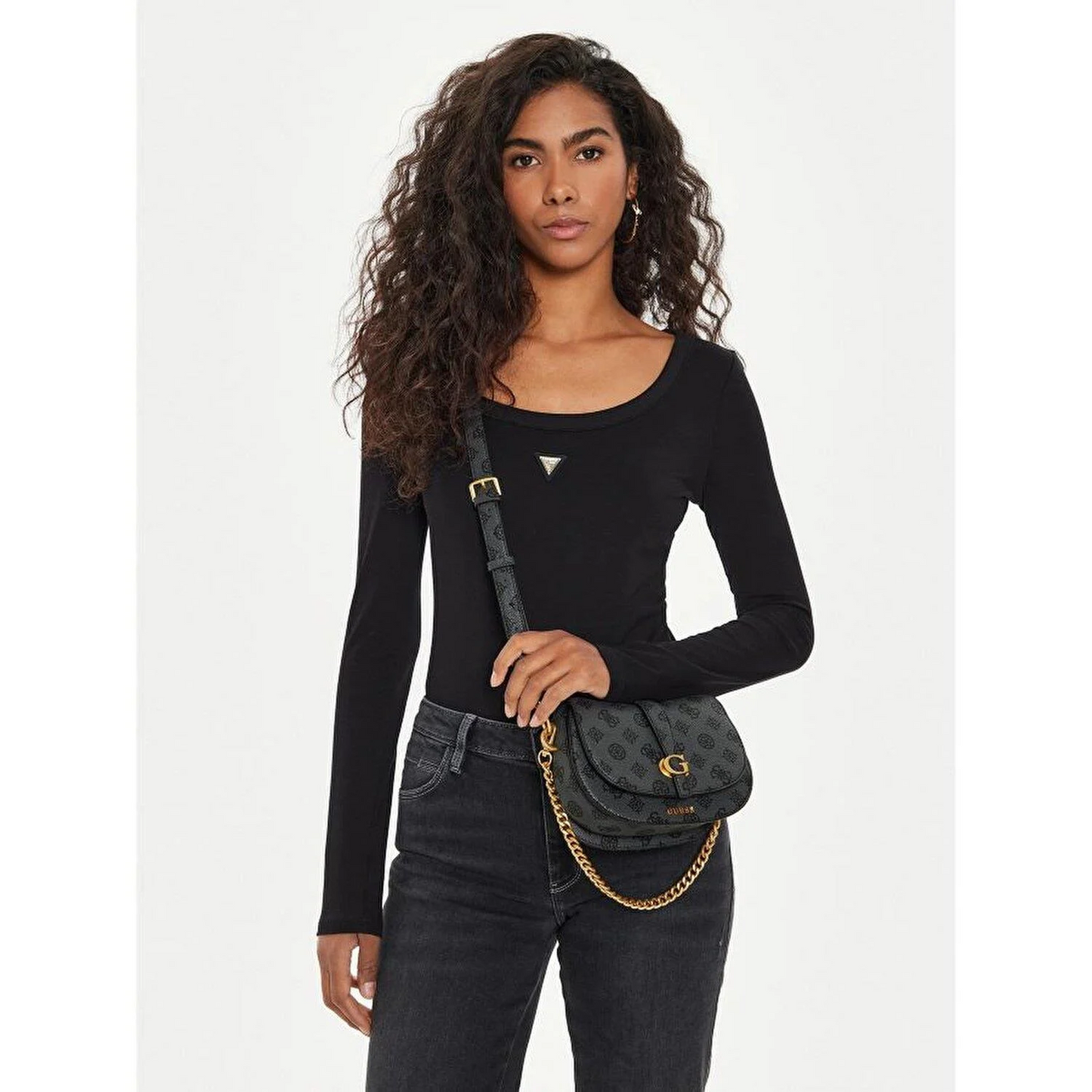 GUESS Women's Zippered Shoulder Bag with Logo Detail – Navy Blue