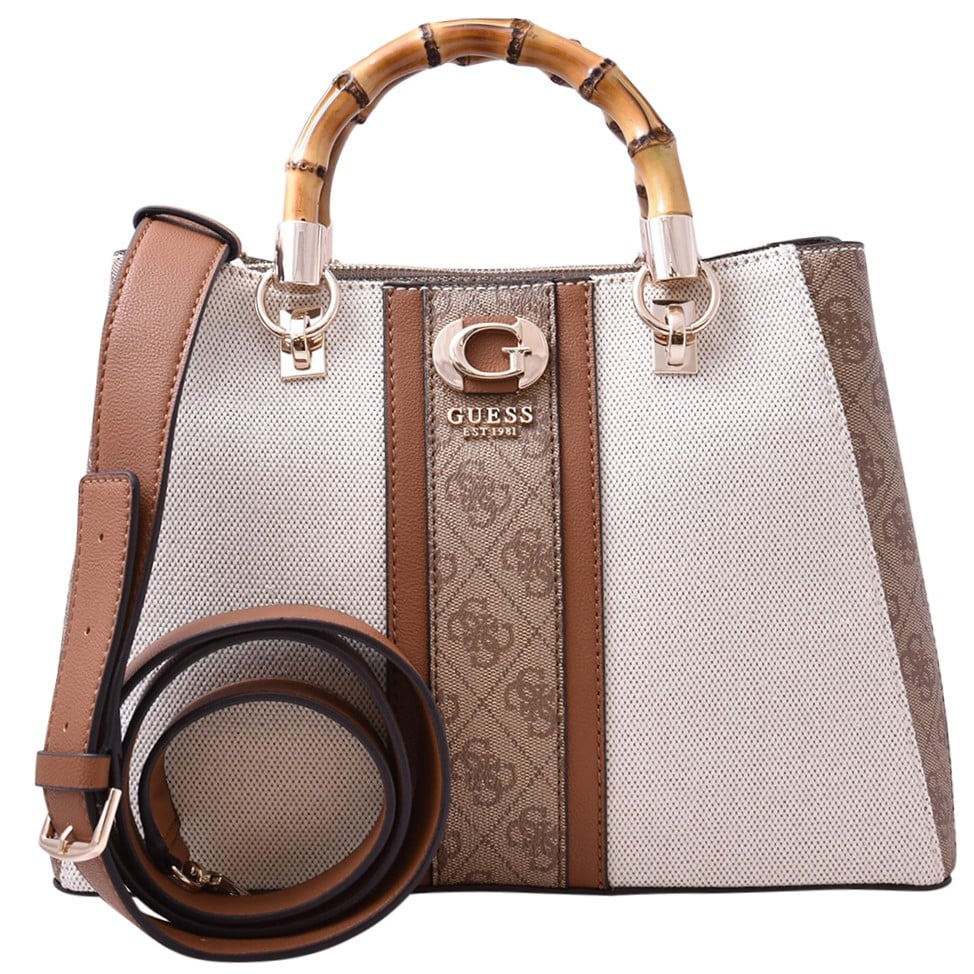 GUESS Kerima Bamboo Top Handle Flap Handbag – Neutral Canvas with 4G Logo