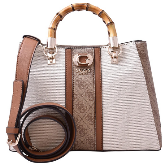 GUESS Kerima Bamboo Top Handle Flap Handbag – Neutral Canvas with 4G Logo