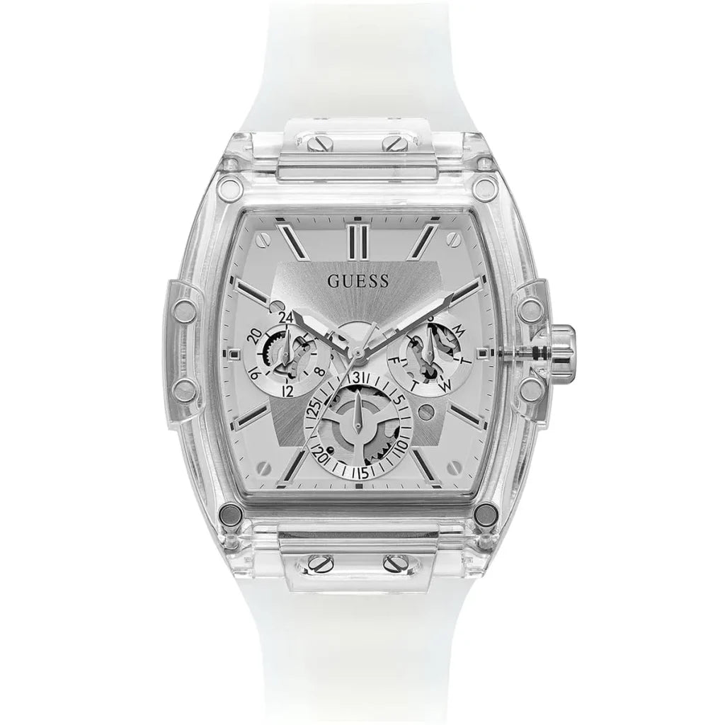 Guess Phoenix Men’s Watch GW0203G1 – 43mm Silver Dial with Transparent Silicone Strap