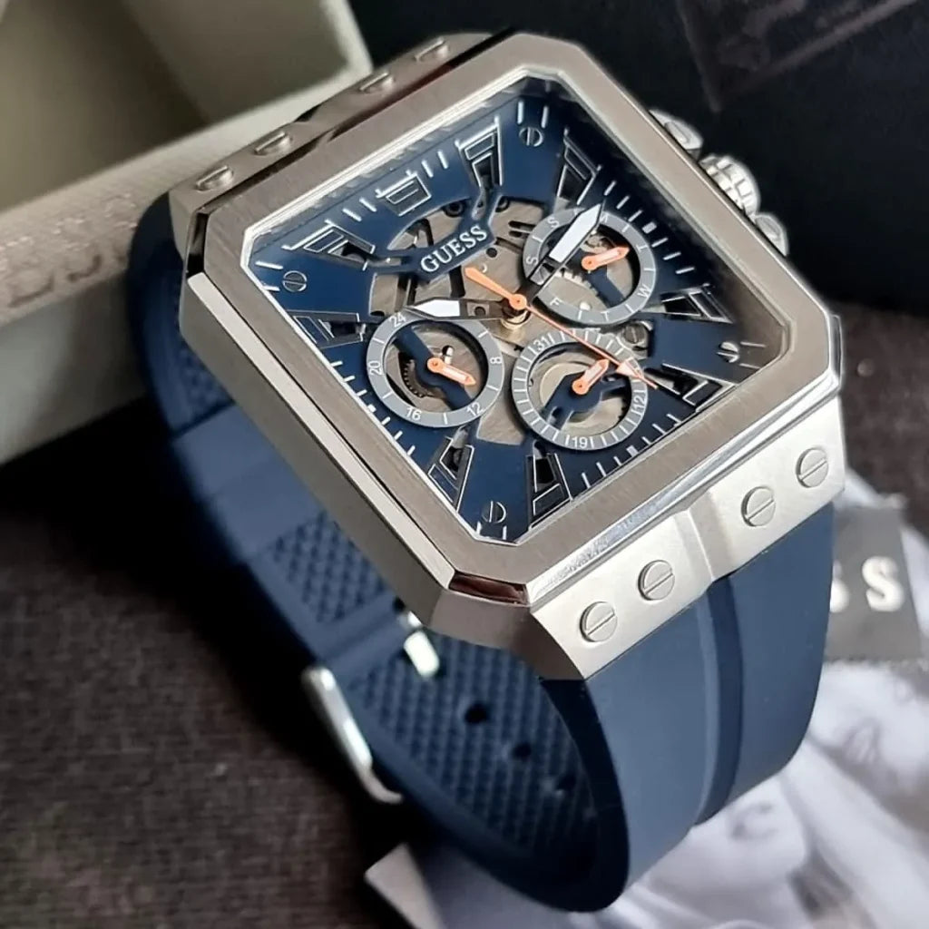 Guess LEO Men’s Watch GW0637G1 – 42mm Navy Square Dial with Silicone Strap