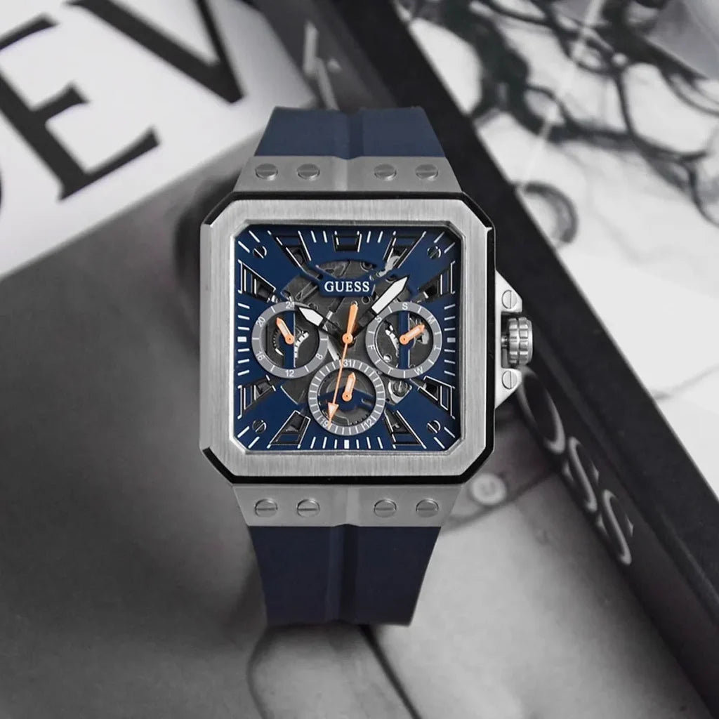 Guess LEO Men’s Watch GW0637G1 – 42mm Navy Square Dial with Silicone Strap